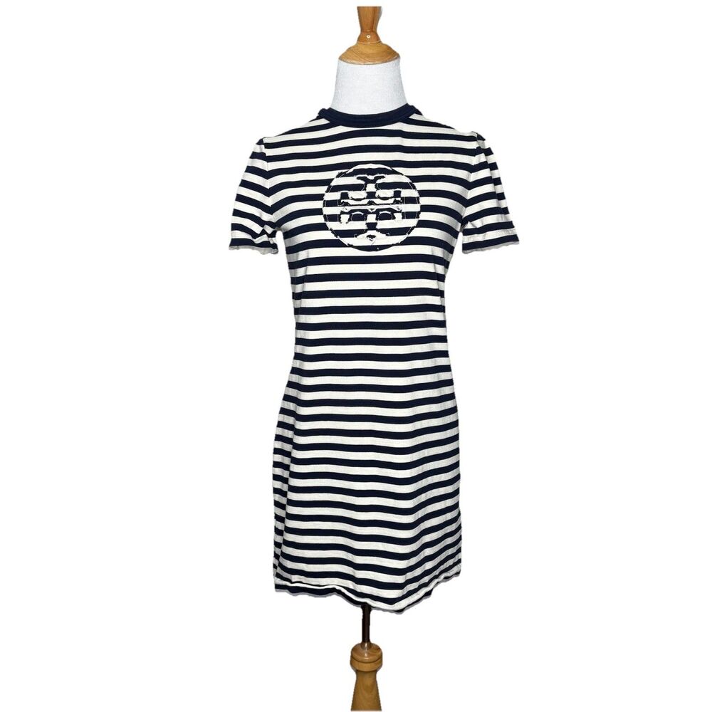 Tory Burch Striped Logo Navy White T shirt Dress Size XS Extra Small Womens